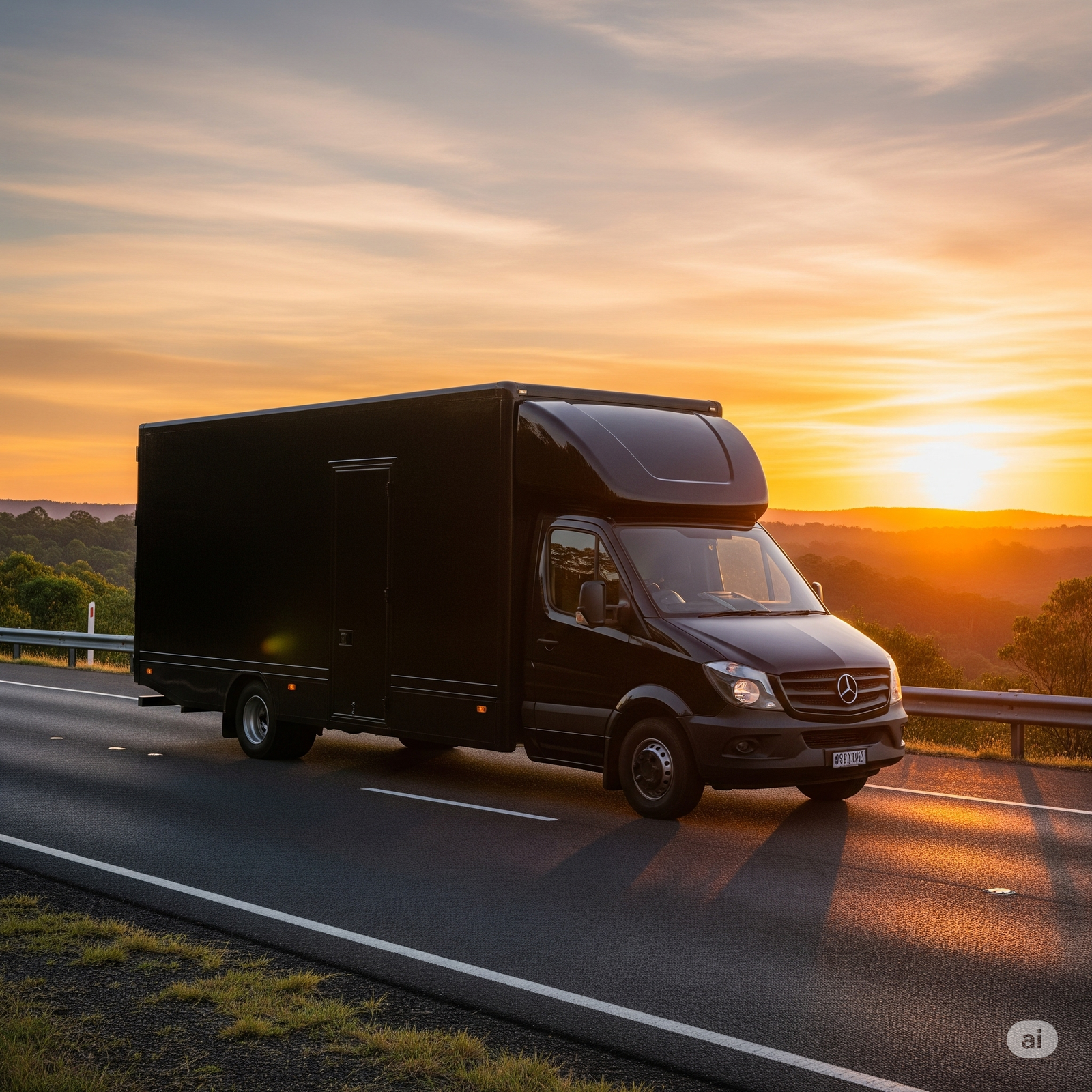 Modern black moving van on a highway at sunrise
